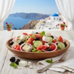 Greek salad recipe with fresh cucumbers, tomatoes, feta cheese, and Kalamata olives.