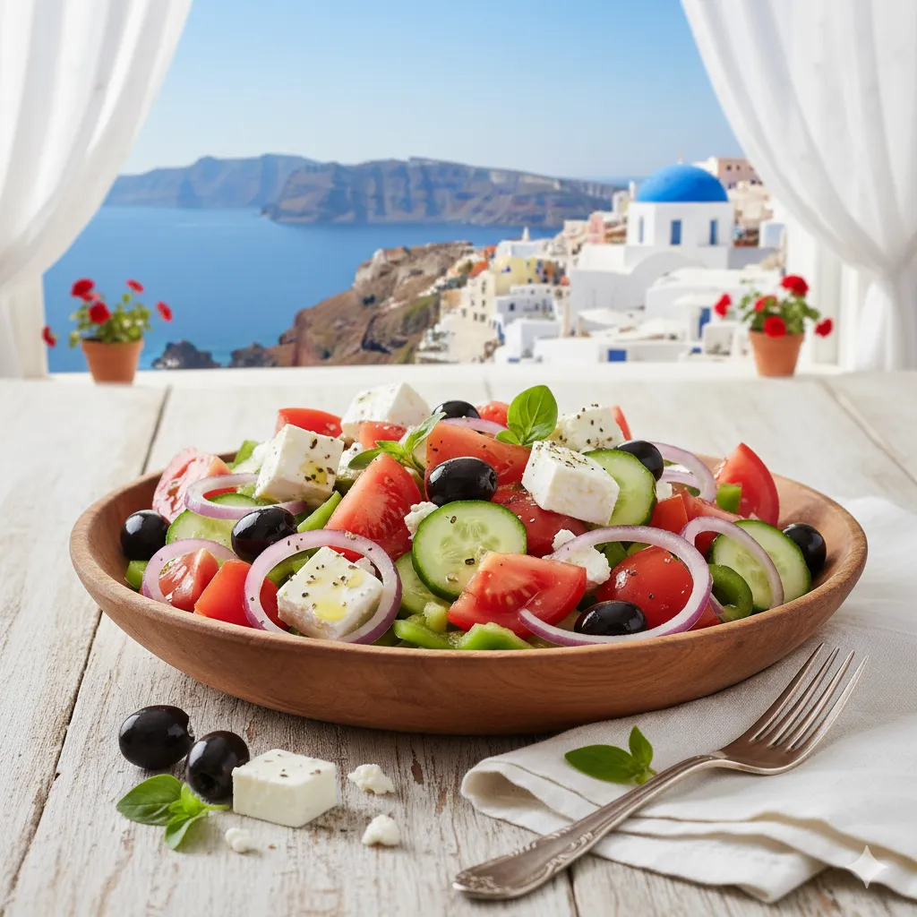 Greek Salad with Feta Cheese and Olives Greek salad recipe with fresh cucumbers, tomatoes, feta cheese, and Kalamata olives.