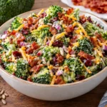 Creamy broccoli salad with crispy bacon, cheddar cheese, dried cranberries, red onion, and sunflower seeds.
