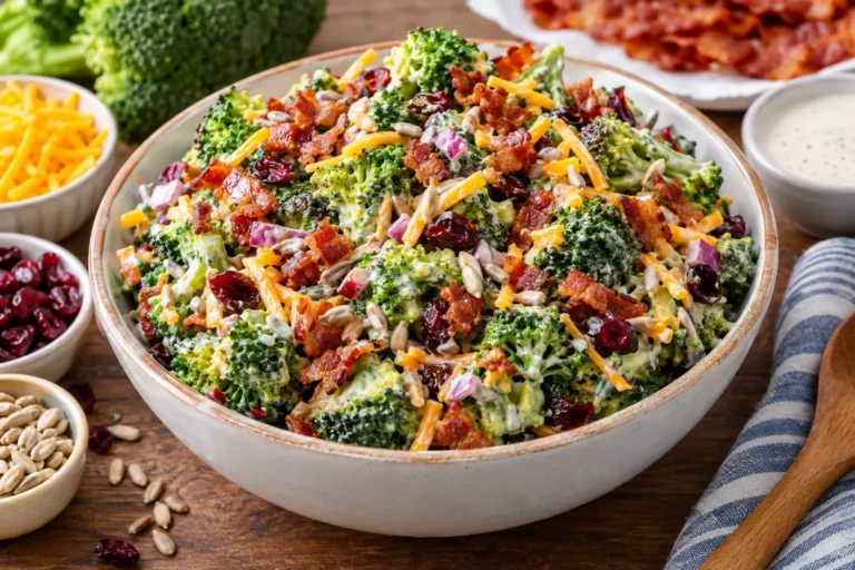 Creamy broccoli salad with crispy bacon, cheddar cheese, dried cranberries, red onion, and sunflower seeds.