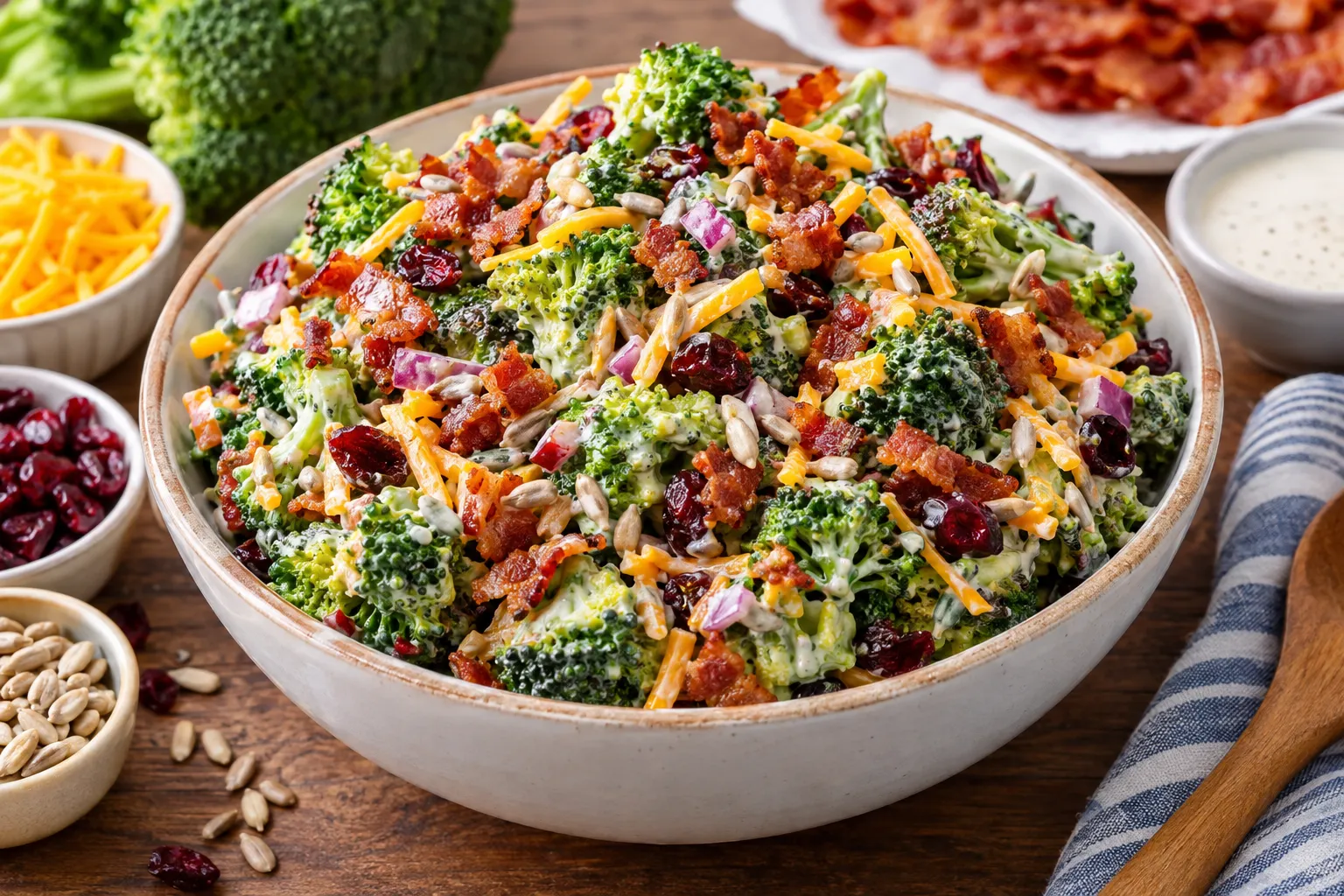 Creamy broccoli salad with crispy bacon, cheddar cheese, dried cranberries, red onion, and sunflower seeds.